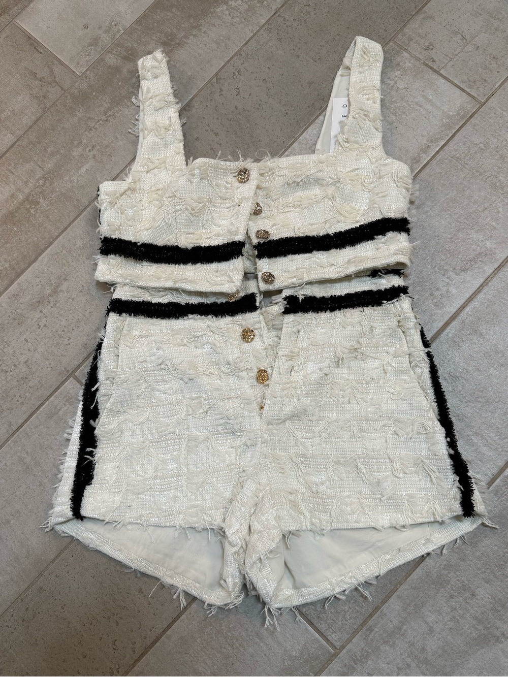 Textured Ivory Two-Piece Crop Top & High-Waist Shorts Set with Black Trim